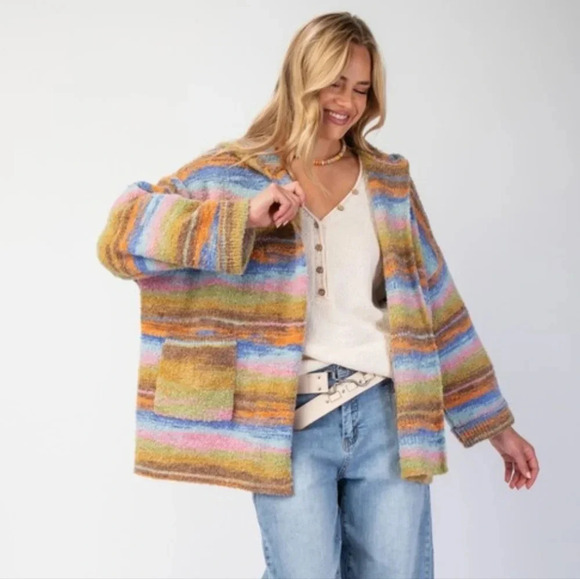 Easel Los Angeles Sweaters - Easel Rainbow Stripe Knit Cozy Soft Cardigan Sweater New